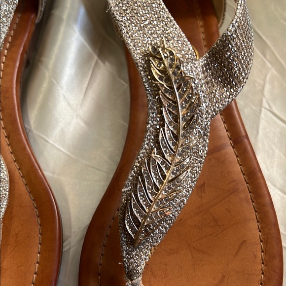 Jessica Simpson Gold Sandals with T-strap and Glittery Embellishment - Picture 5 of 9